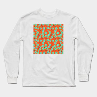 Blue & Orange Floral Pattern Long Sleeve T-Shirt